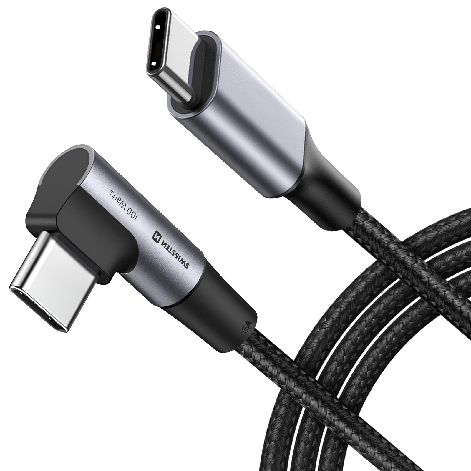Un cavo USB-C argento e nero con un cavo nero intrecciato. Il cavo ha un connettore ad angolo di 90 gradi.