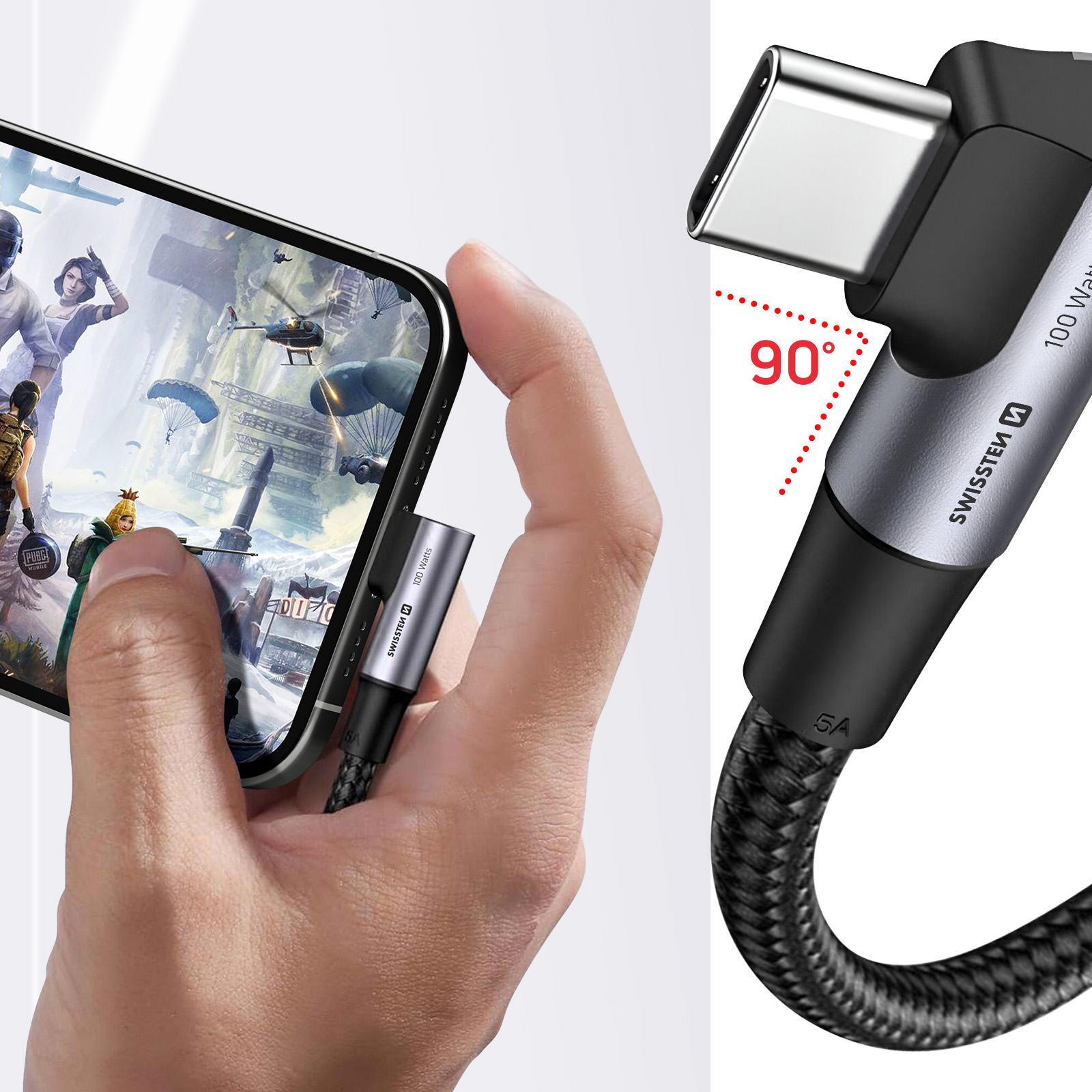 Una mano tiene un telefono con un gioco, collegato a un cavo USB-C a 90 gradi. Il cavo è nero e grigio.