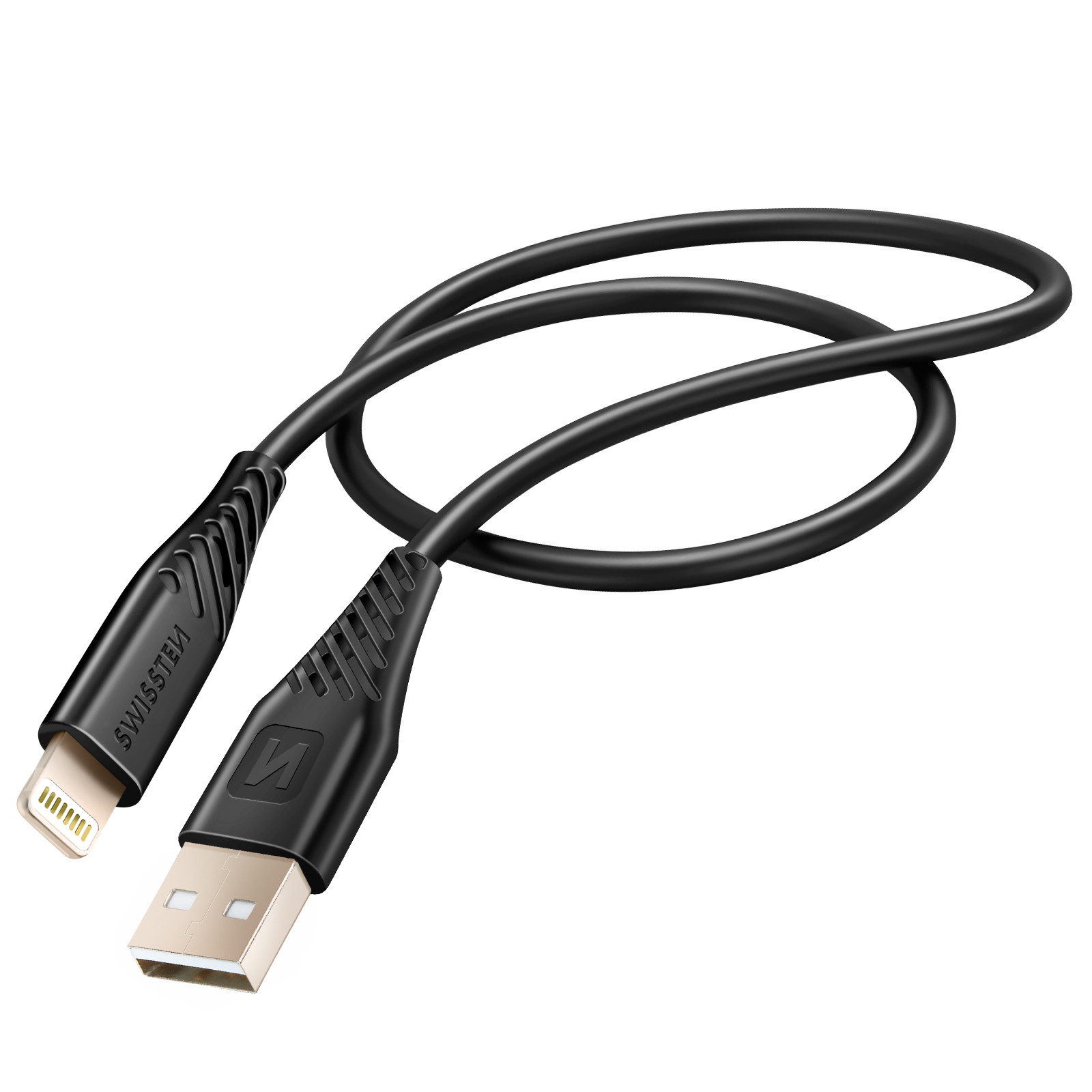 Un câble de chargement noir avec un connecteur USB et un connecteur Lightning, sur fond blanc.