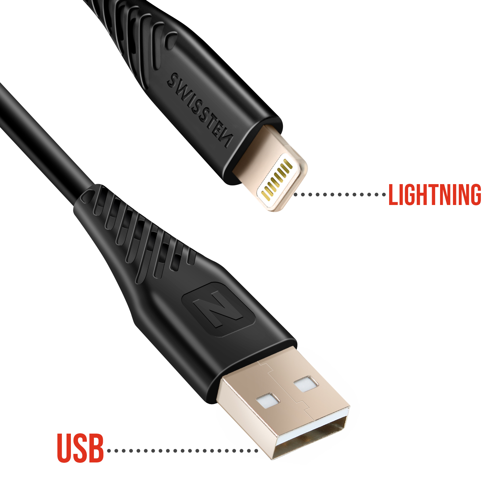 Un câble USB et Lightning noir. L'extrémité USB est dorée, l'extrémité Lightning est blanche. La marque est visible sur le câble.