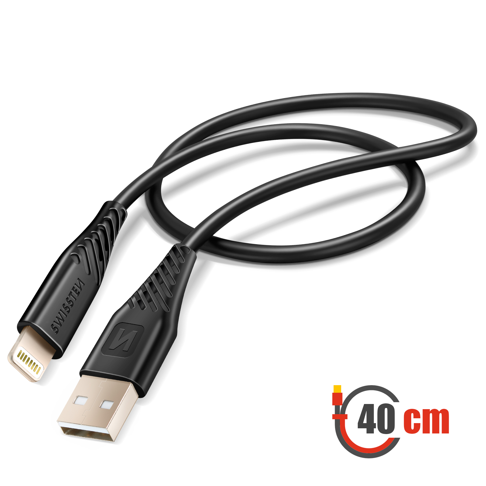 Câble USB vers Lightning noir, 40 cm de long. Une extrémité est USB, l'autre porte 'SWISSTEM' et connecteur Lightning.