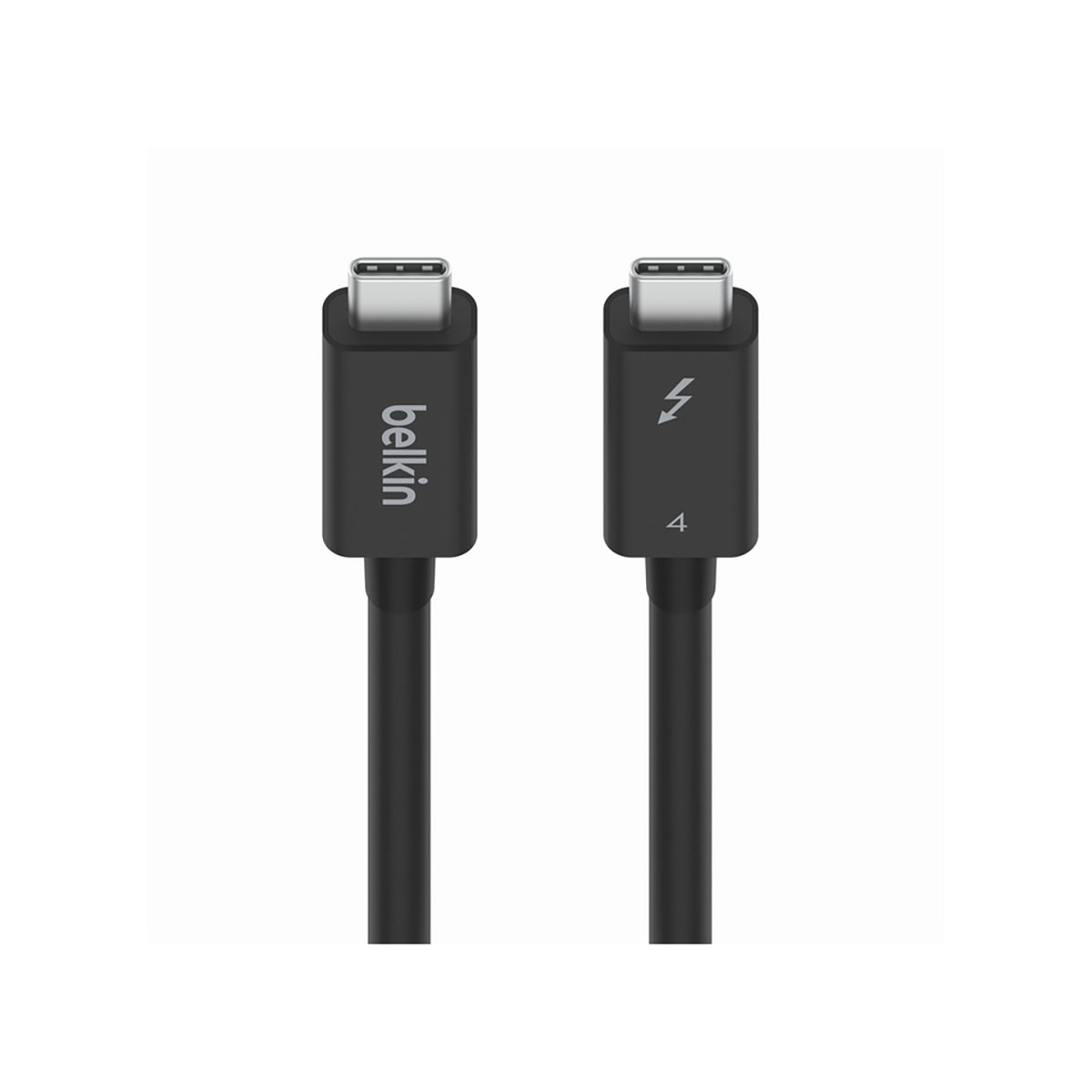 Due cavi neri Belkin Thunderbolt 4. Uno mostra il logo Belkin, l'altro un fulmine e il numero 4.