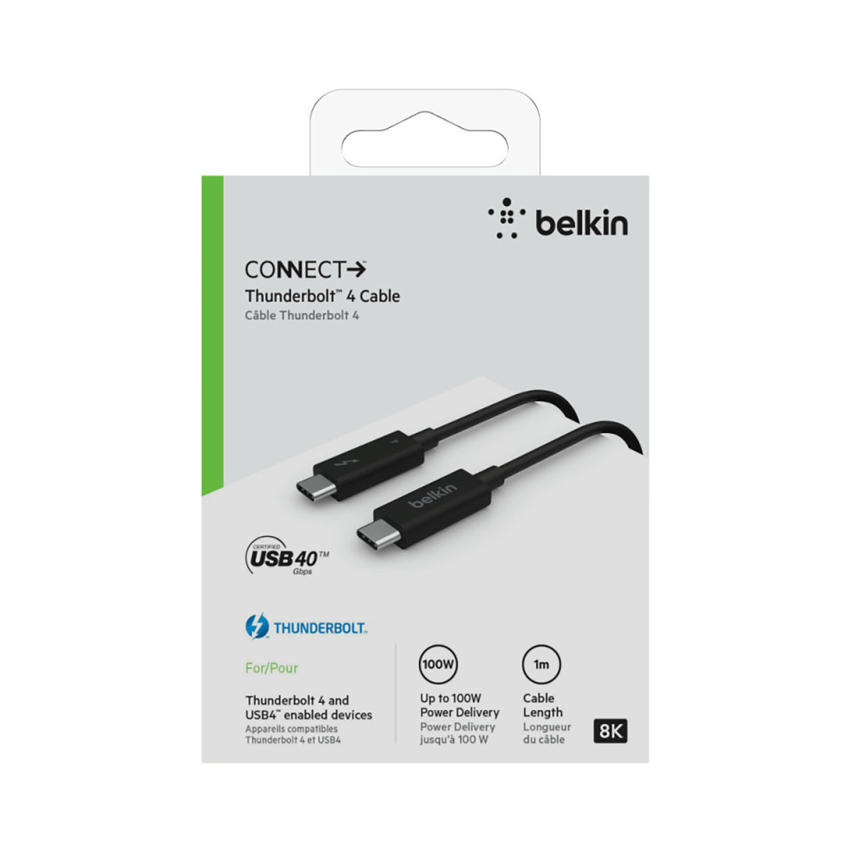 Una confezione di cavo Belkin Thunderbolt 4. La confezione mostra il cavo e le sue caratteristiche, tra cui risoluzione 8K e alimentazione da 100W.