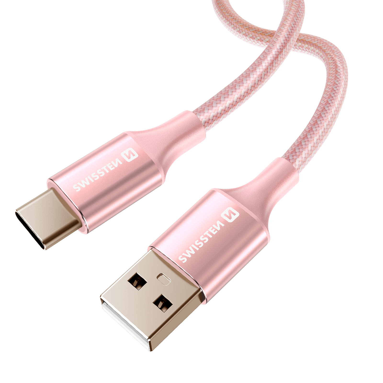 Un cavo USB rosa con connettore USB-A e USB-C. Il cavo è intrecciato e ha il logo Swisssten.