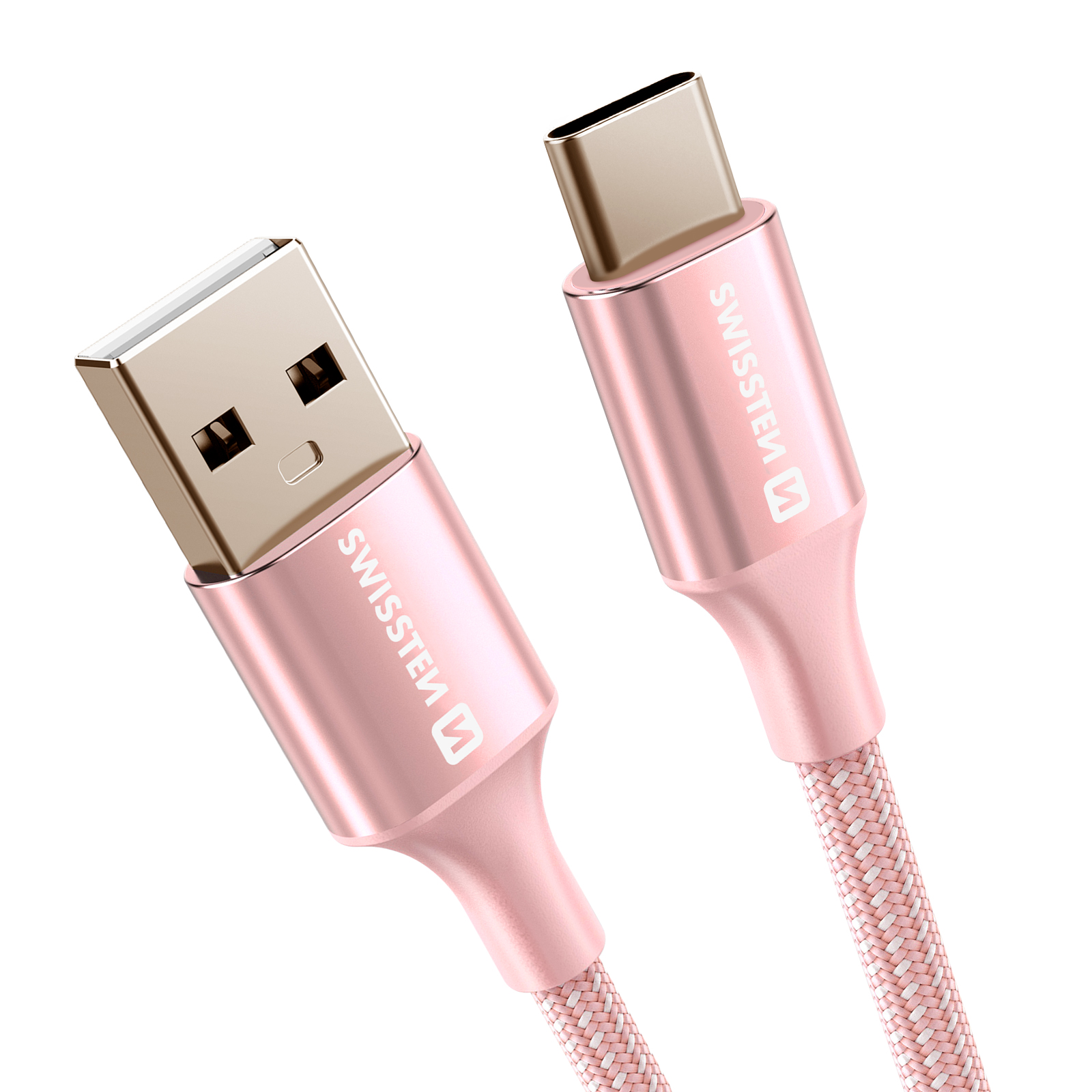 Due cavi di ricarica rosa con connettori USB e USB-C. I cavi hanno un design intrecciato rosa e bianco. Il marchio è visibile.
