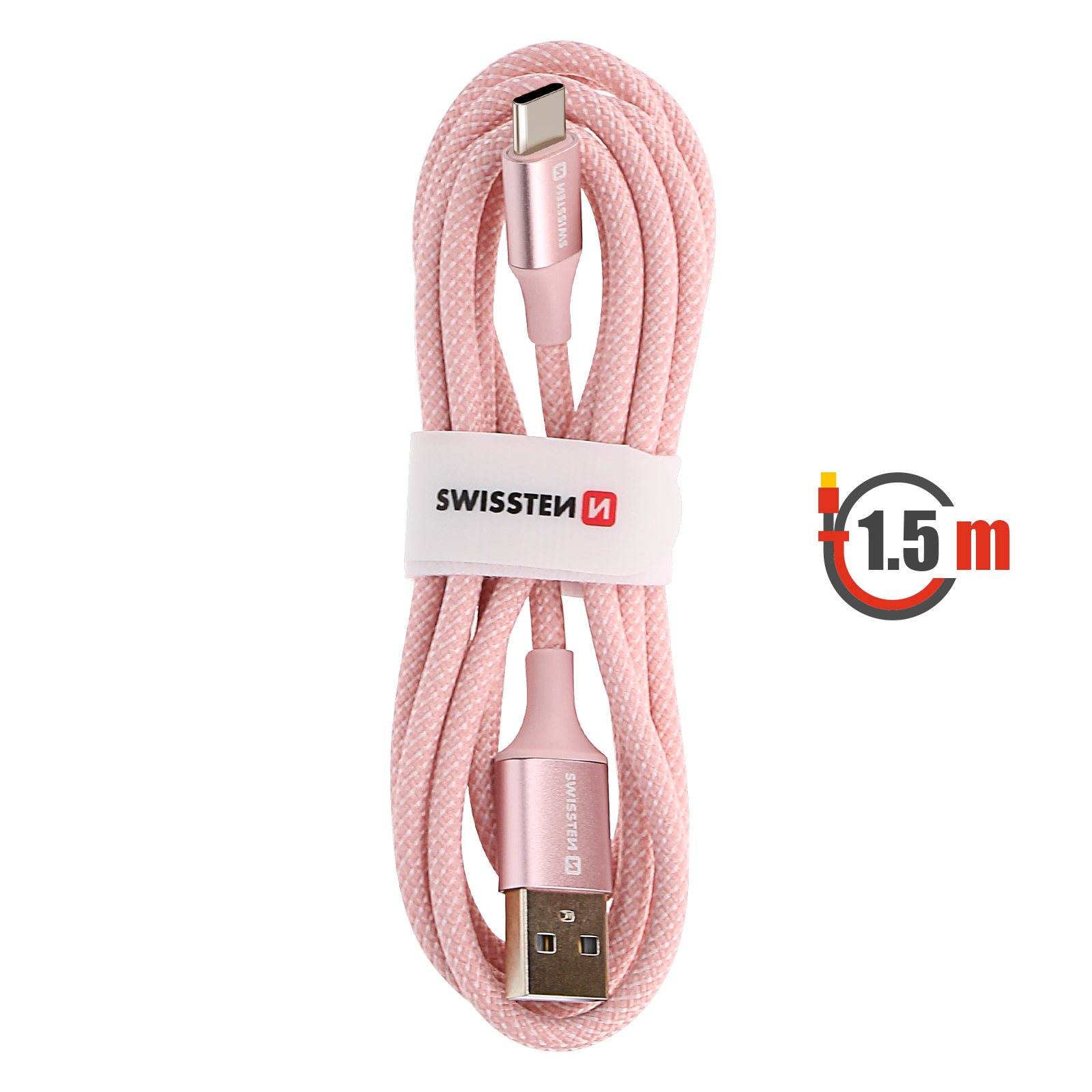 Cavo USB rosa con fascia bianca, marca SWISSTEN. Lunghezza 1,5 m. Sfondo bianco. Connettori USB-C e USB-A.