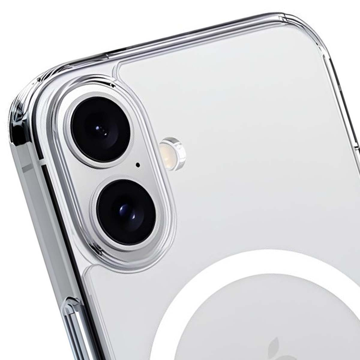 Primo piano di una custodia trasparente per telefono con doppie lenti della fotocamera. La custodia è trasparente, evidenziando le caratteristiche del telefono.