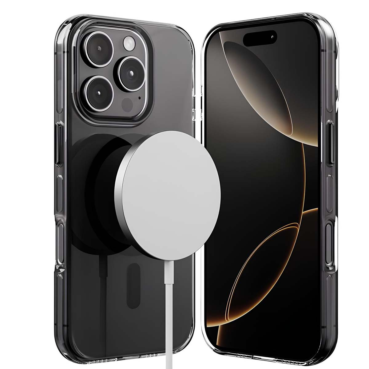 Due custodie trasparenti per telefoni con telefoni all'interno, una con un disco di ricarica collegato. Le custodie hanno telefoni neri e un disco di ricarica bianco.