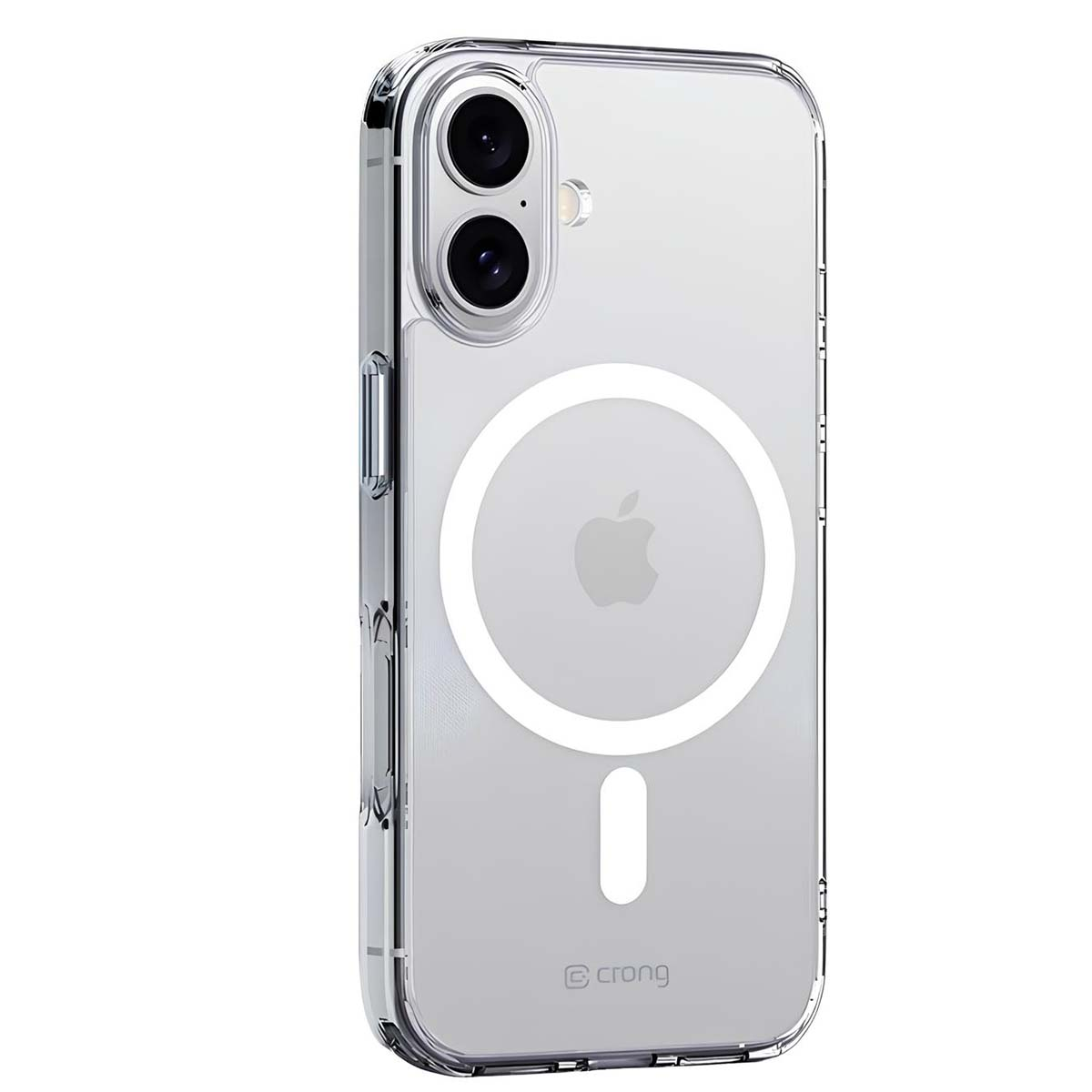 Custodia trasparente per telefono con logo Apple e anello bianco. La custodia ha un'area fotocamera con due lenti e un pulsante.