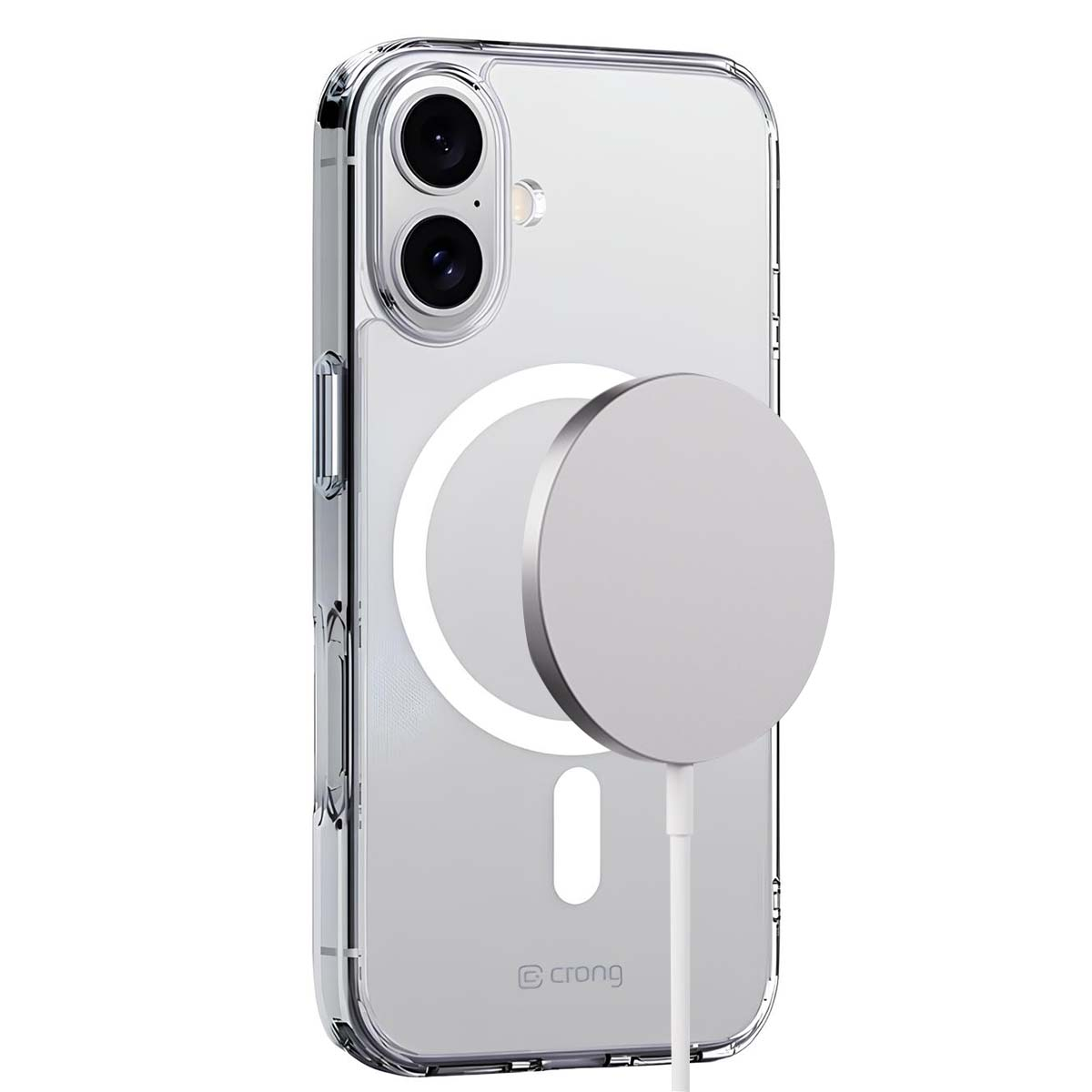 Custodia trasparente per telefono con caricatore MagSafe collegato. Il telefono ha due lenti della fotocamera. Il caricatore è rotondo e argentato.