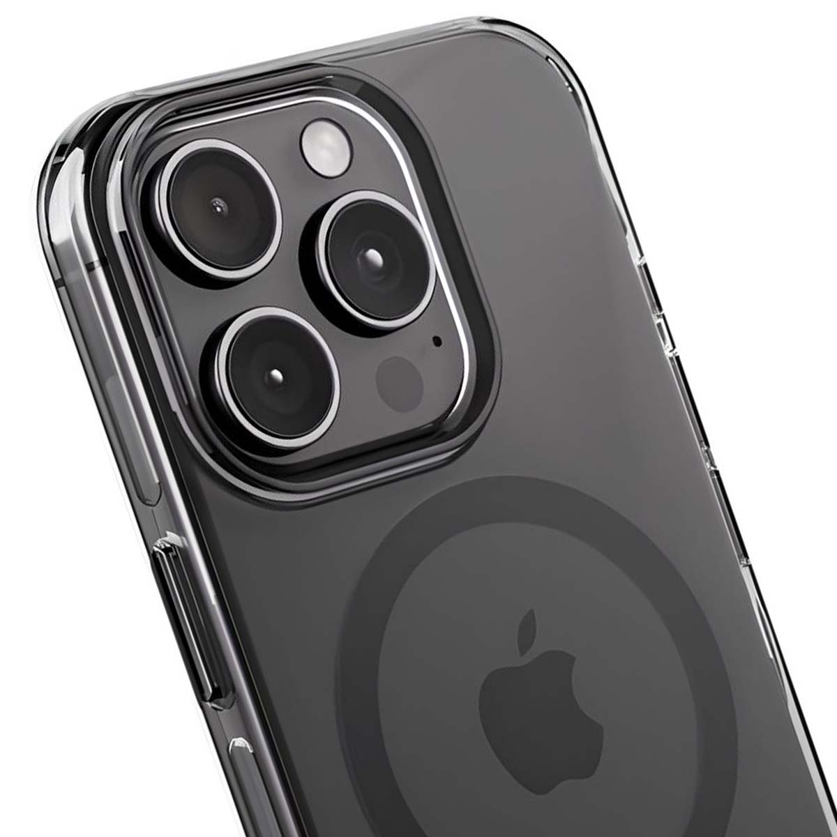 Primo piano di una custodia trasparente per telefono. Visibili le lenti della fotocamera del telefono e il logo Apple sul retro.