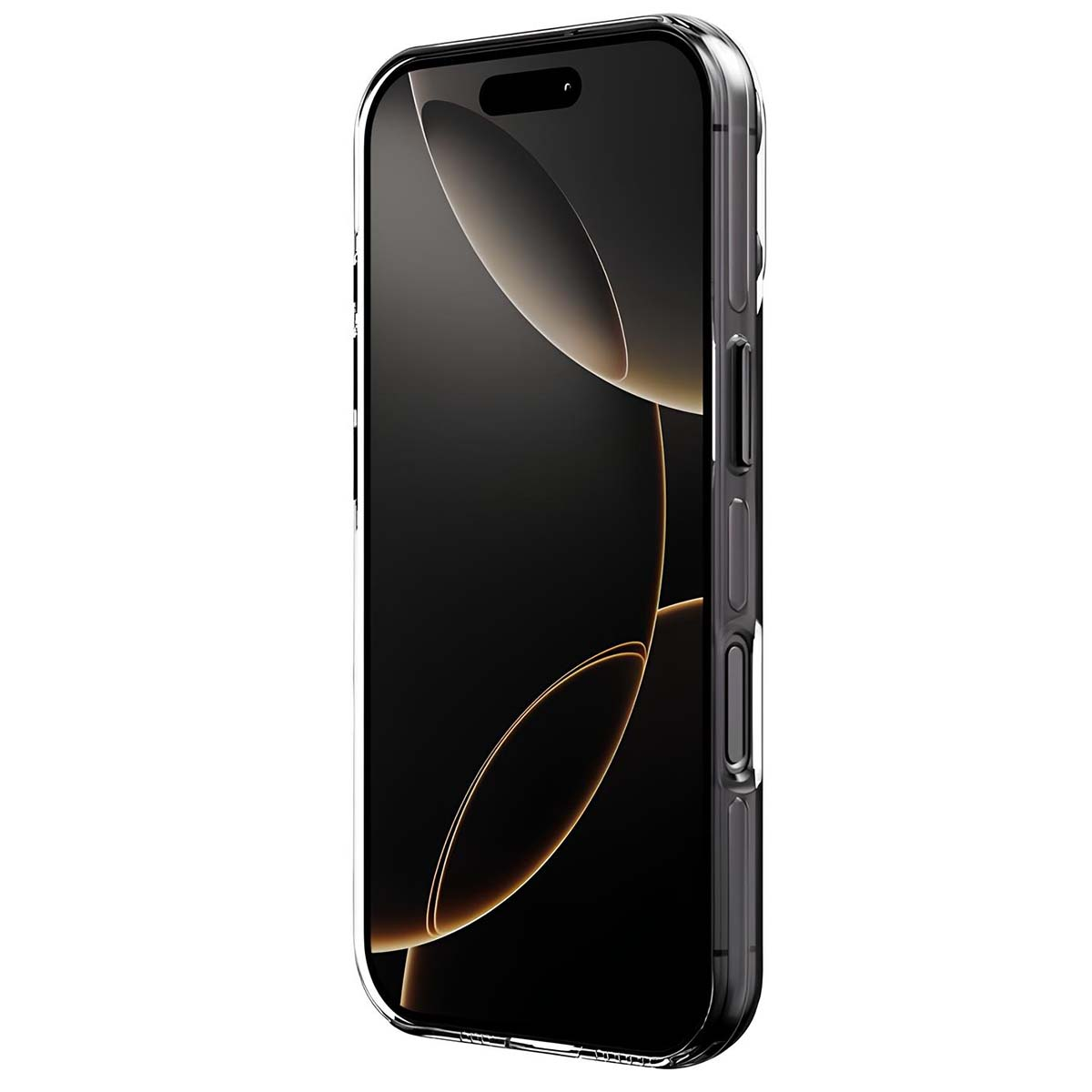 Una custodia trasparente per telefono racchiude un telefono nero. Lo schermo mostra motivi oro e neri.