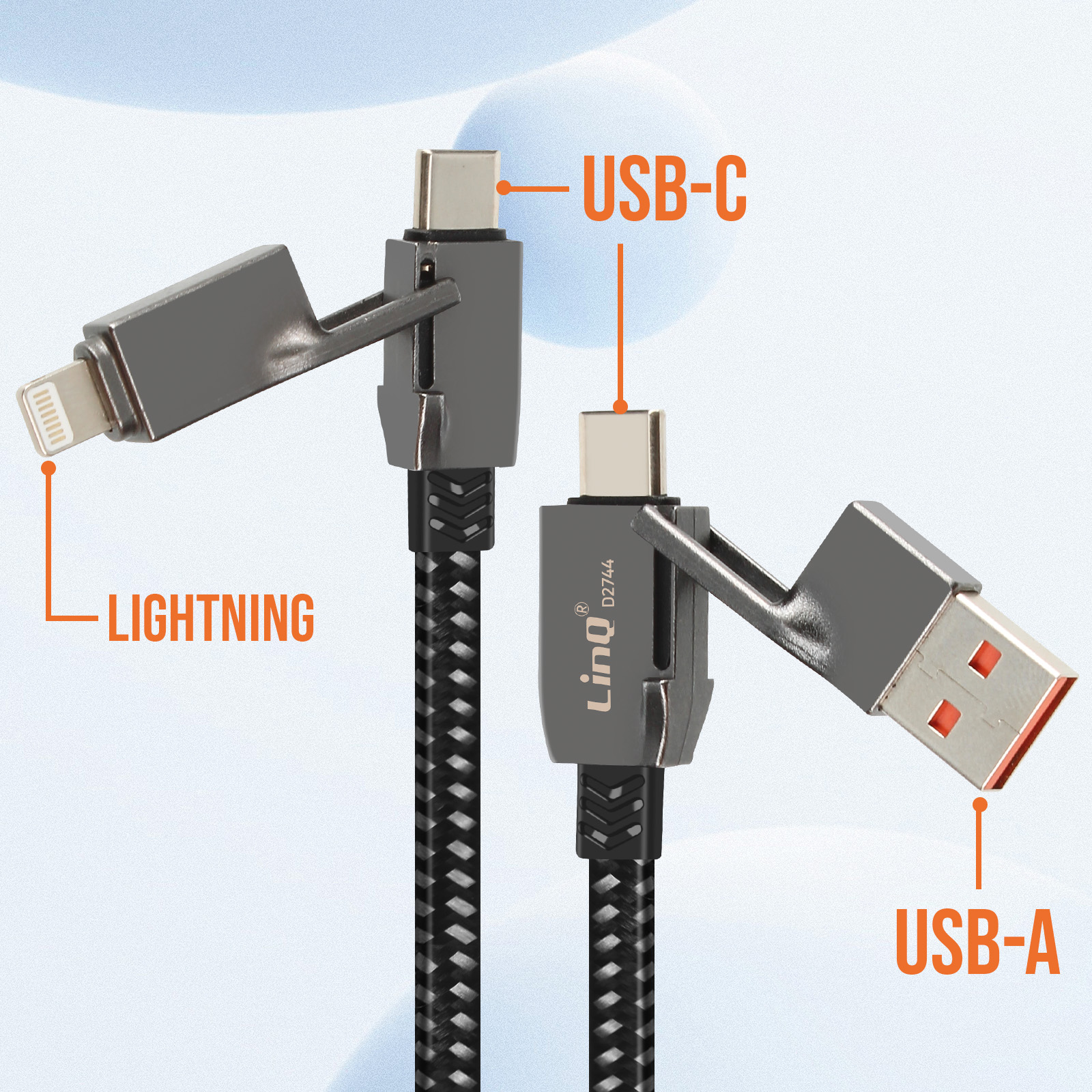 Das Bild zeigt drei verschiedene Kabelanschlüsse: Lightning, USB-C und USB-A. Alle an schwarzen geflochtenen Kabeln.