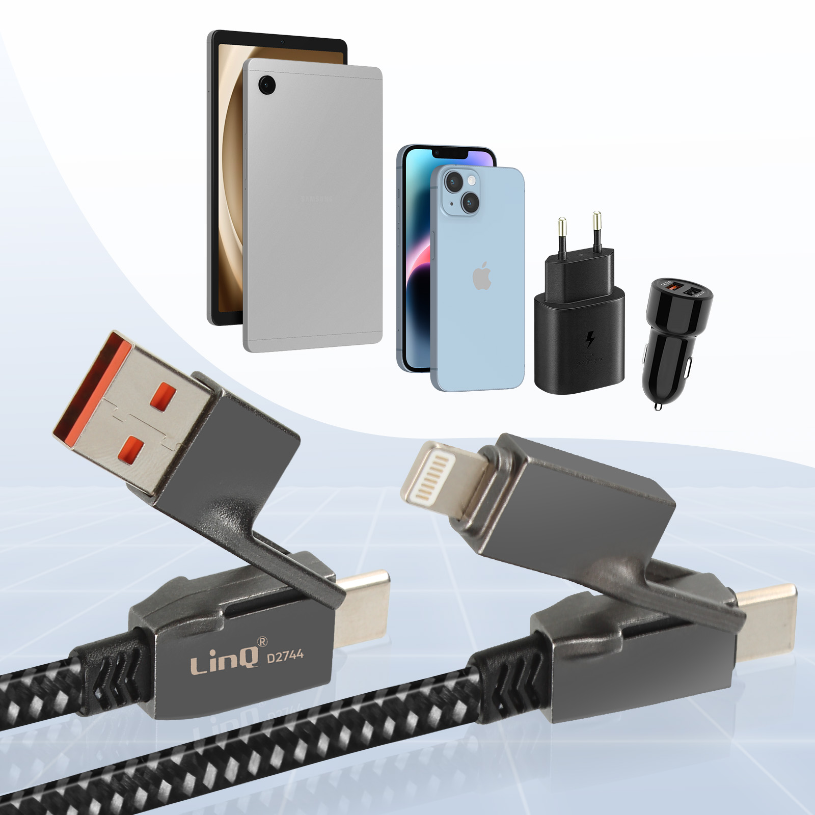 Das Bild zeigt ein Tablet, ein Telefon, Ladegeräte und Kabel. Kabel haben USB- und Lightning-Anschlüsse. Geräte im Hintergrund.