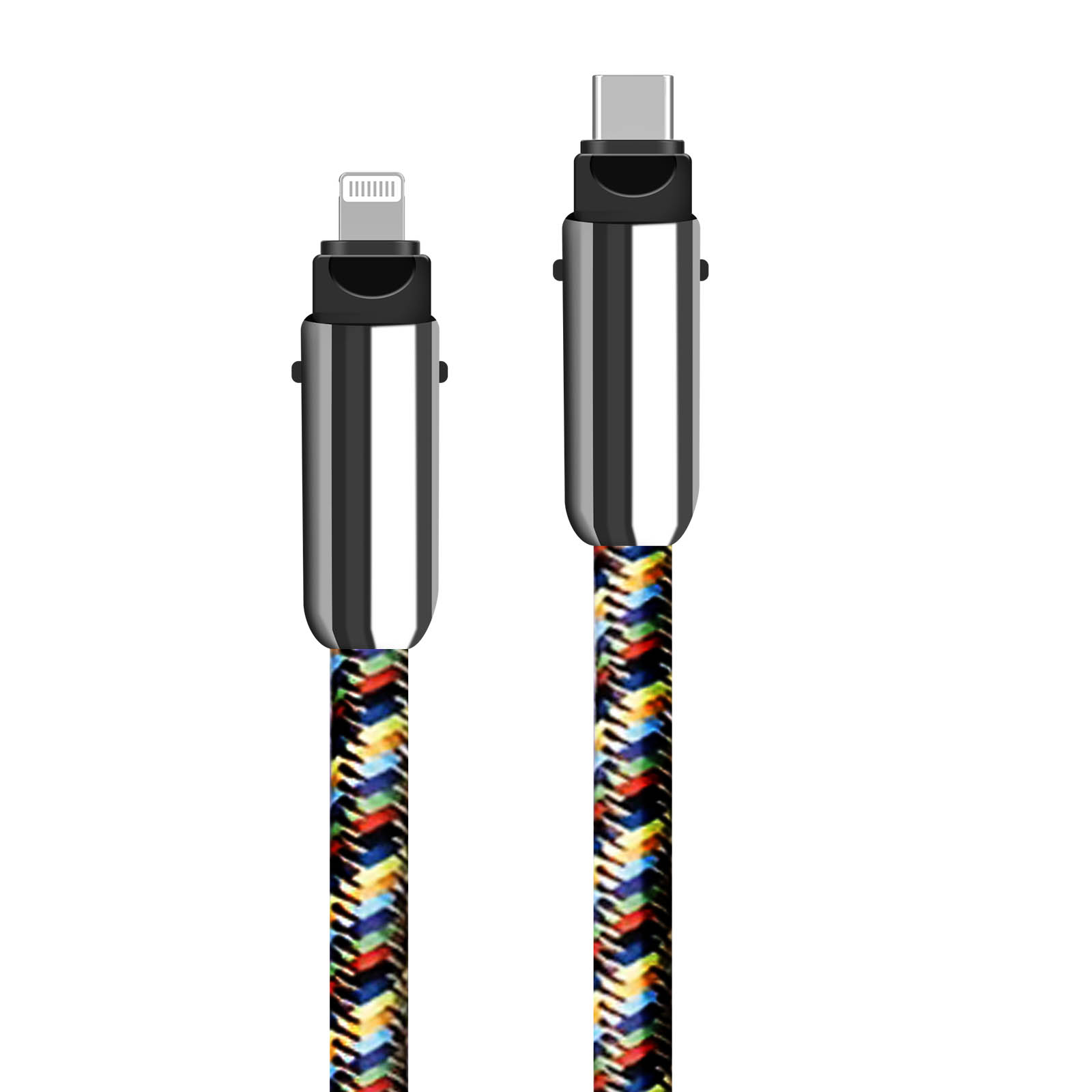 Zwei Ladekabel mit unterschiedlichen Anschlüssen und farbenfrohen geflochtenen Kabeln. Eines ist Lightning, das andere USB-C.