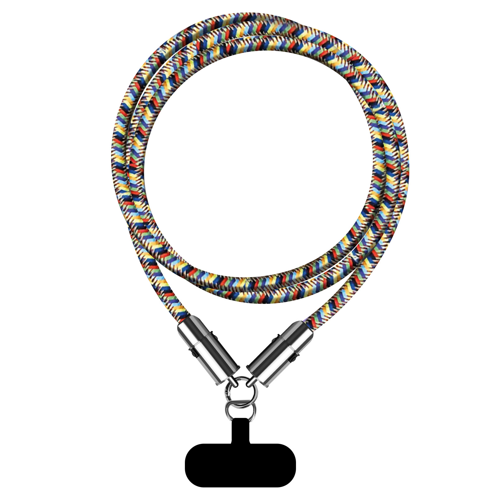 Ein buntes Telefon-Lanyard mit schwarzem Aufsatz. Das Lanyard hat ein gewebtes Muster in verschiedenen Farben.