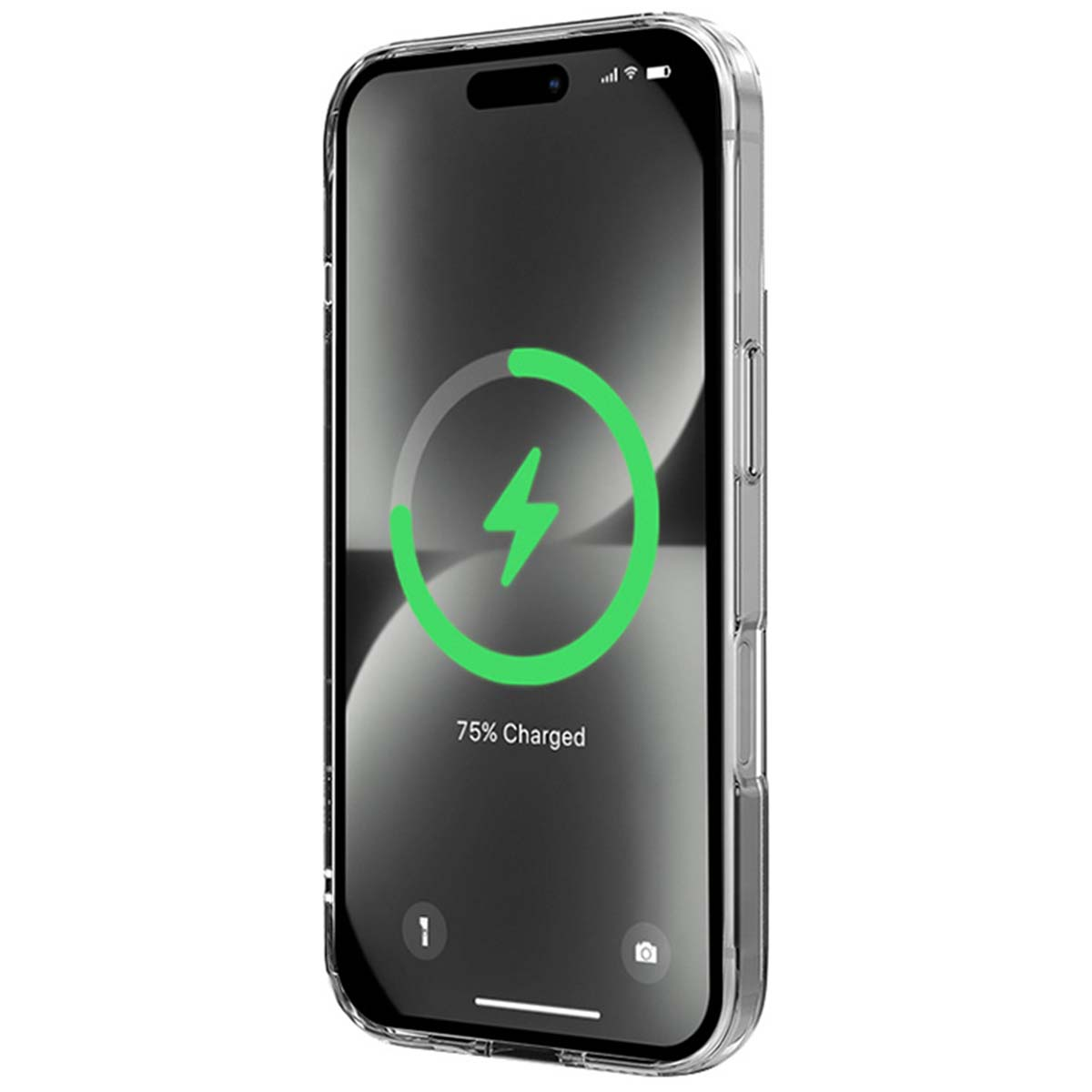 Un iPhone è in carica. Lo schermo mostra un fulmine verde in un cerchio, indicando il 75% di carica.