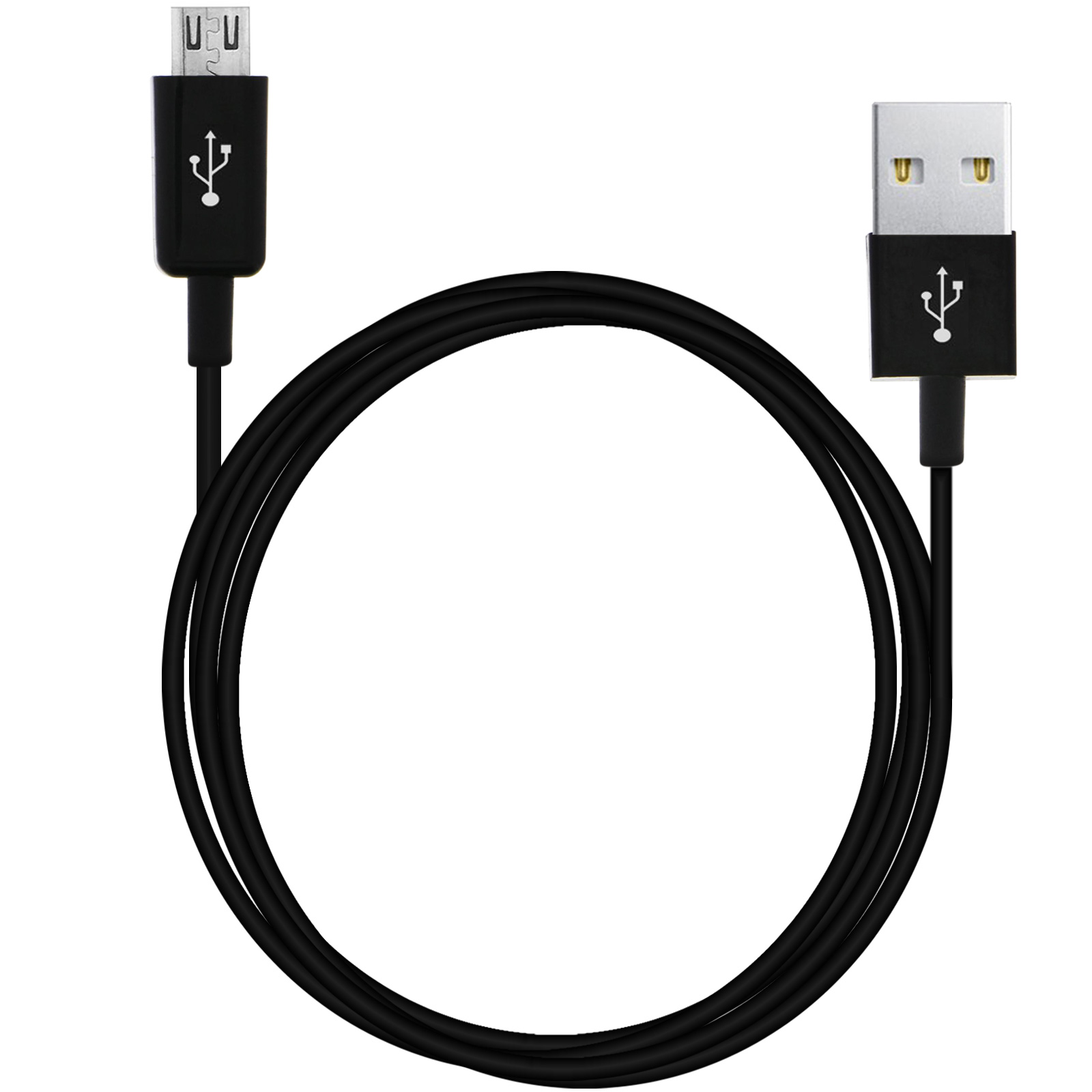 Un cavo USB nero con connettori a ciascuna estremità, che forma un anello. Lo sfondo è bianco.