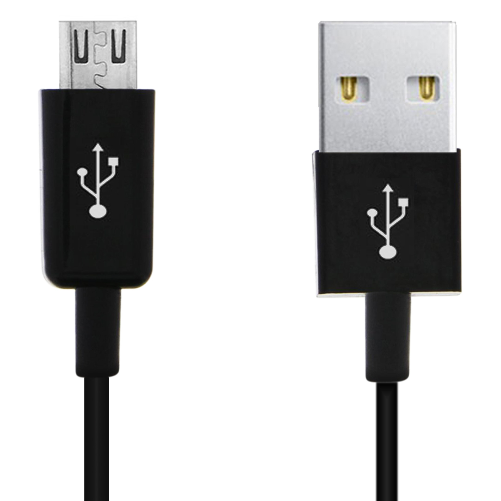 Due cavi USB neri, uno micro USB e uno USB-A, entrambi con simboli USB sui connettori, su sfondo bianco.