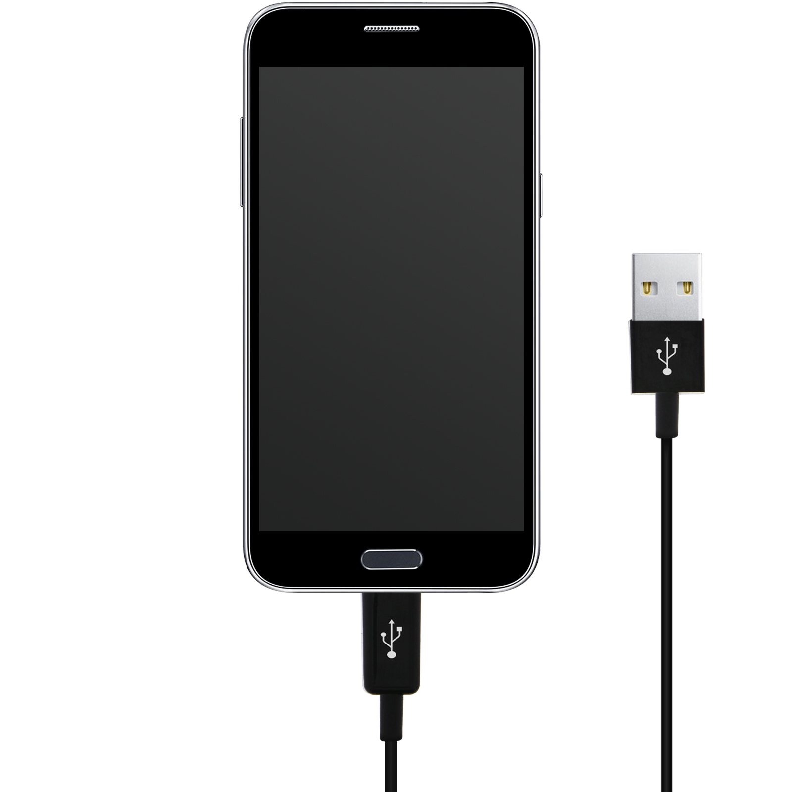 Uno smartphone con schermo nero è collegato a un cavo USB con una spina USB standard.