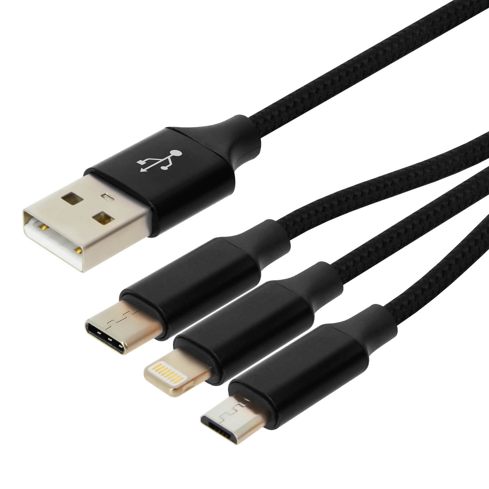 Un cavo USB nero con più connettori, tra cui USB-A, USB-C, Lightning e Micro-USB, su sfondo bianco.