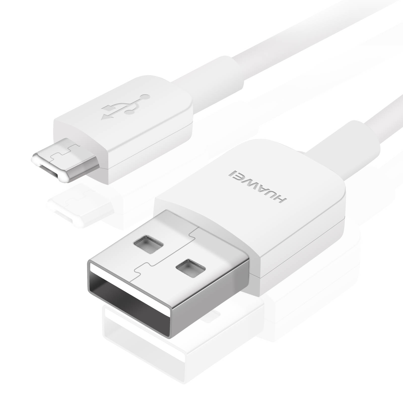 Cable USB blanco Huawei con conectores USB y micro-USB. Logotipo de Huawei visible. Aislado sobre fondo blanco.
