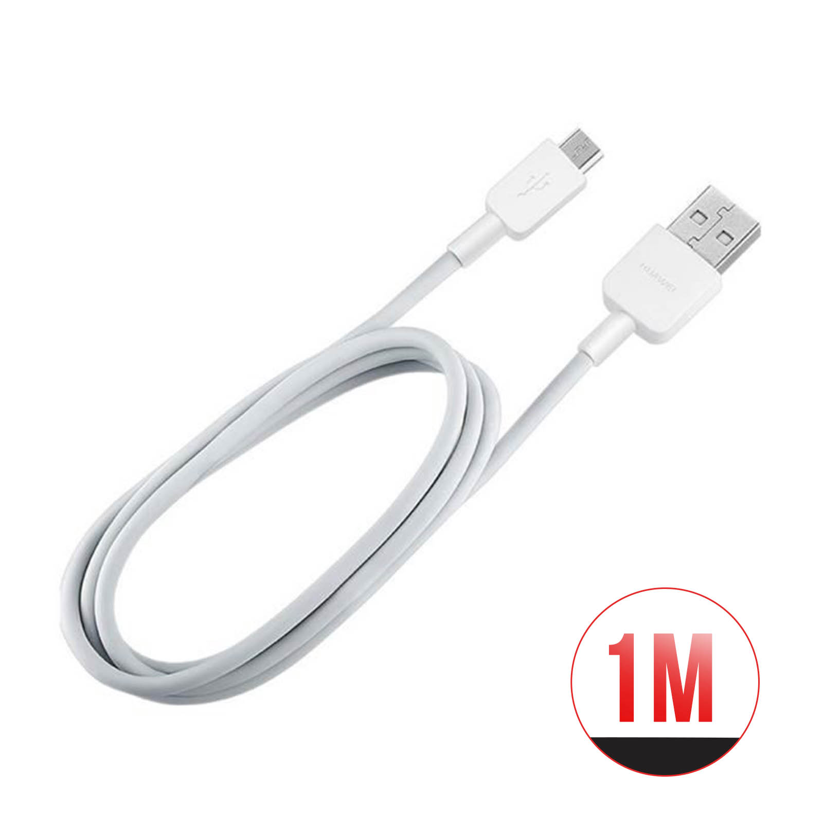 Un cable USB blanco sobre un fondo blanco. Tiene un conector USB-A y micro-USB. Un círculo rojo dice 1M.