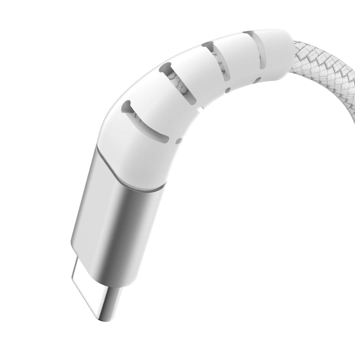 Un câble USB-C blanc et argenté. Le câble a une gaine de protection blanche et courbée avec des découpes. Le câble tressé est blanc.