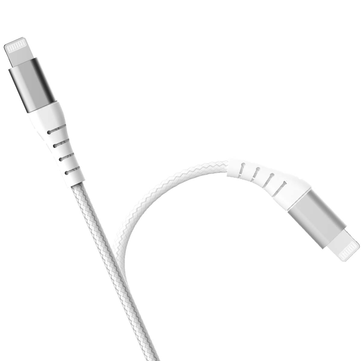 Un câble de chargement blanc avec des connecteurs argentés. Le câble est incurvé et a une texture tressée. Le fond est blanc.