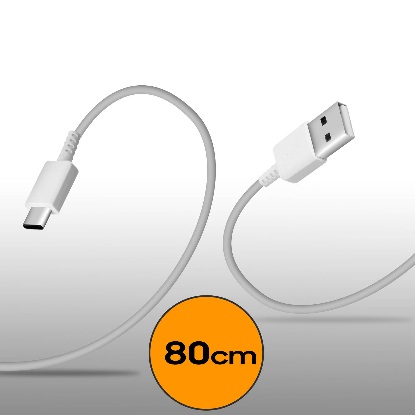 Un cavo USB bianco, con connettore USB-C e USB-A. Un cerchio arancione mostra 80 cm di lunghezza.