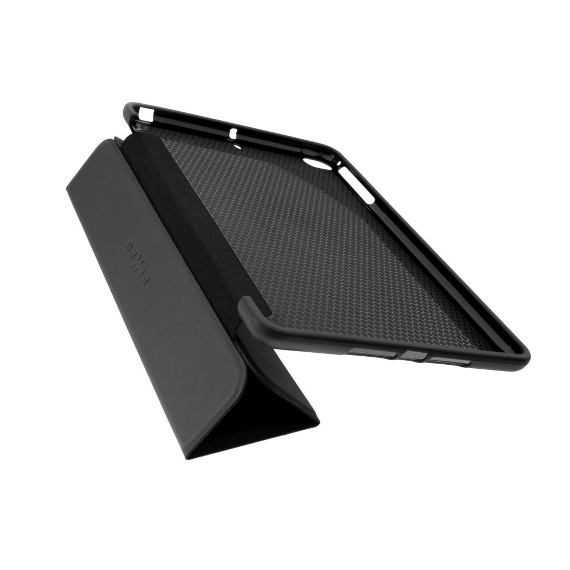 Schwarze Tablet-Hülle geöffnet, Innenmuster sichtbar. 'FIXED' auf der Klappe. Die Hülle vor weißem Hintergrund.