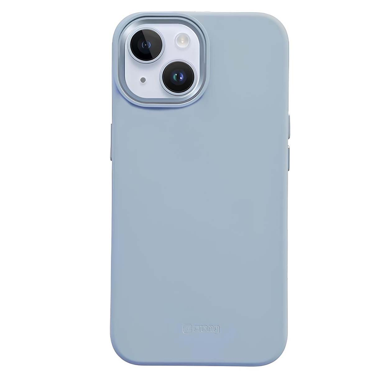 Una custodia per telefono azzurra con un ritaglio per la fotocamera. La custodia è liscia, con un logo in basso. La fotocamera ha due lenti.
