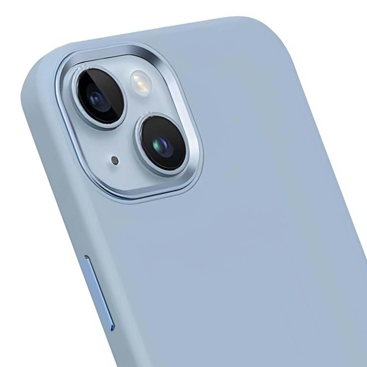 Primo piano di una custodia per telefono azzurra con doppie lenti e flash. La custodia è liscia, con un pulsante laterale.