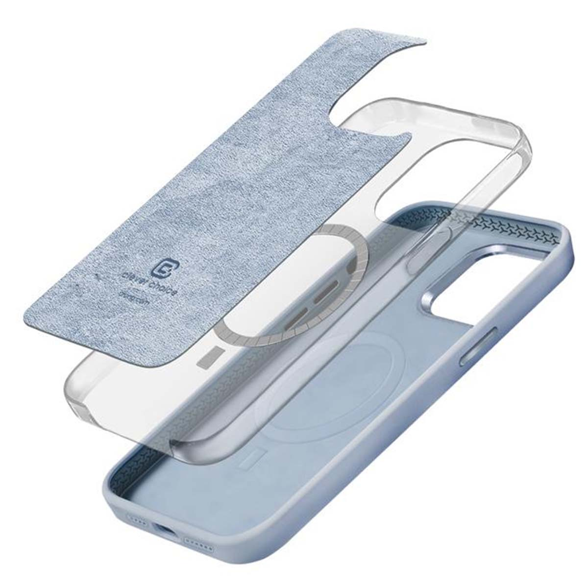 Vista esplosa di una custodia per telefono. È composta da una custodia blu, una cornice in plastica trasparente e uno strato superiore strutturato azzurro.