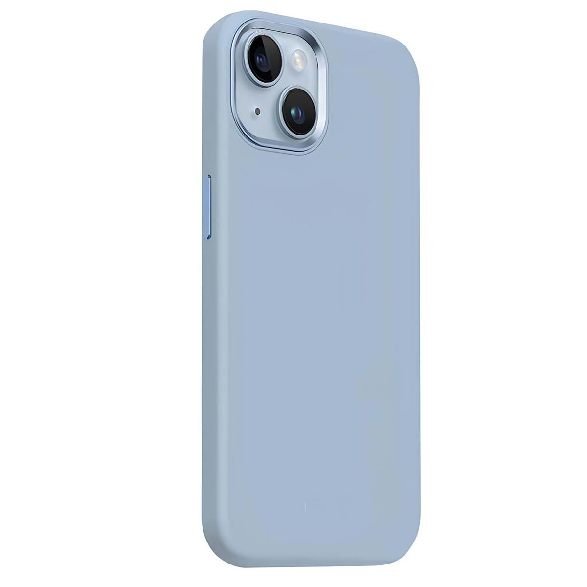Un iPhone azzurro chiaro in una custodia abbinata. Il telefono ha una fotocamera a doppia lente in alto a sinistra e un design minimalista.