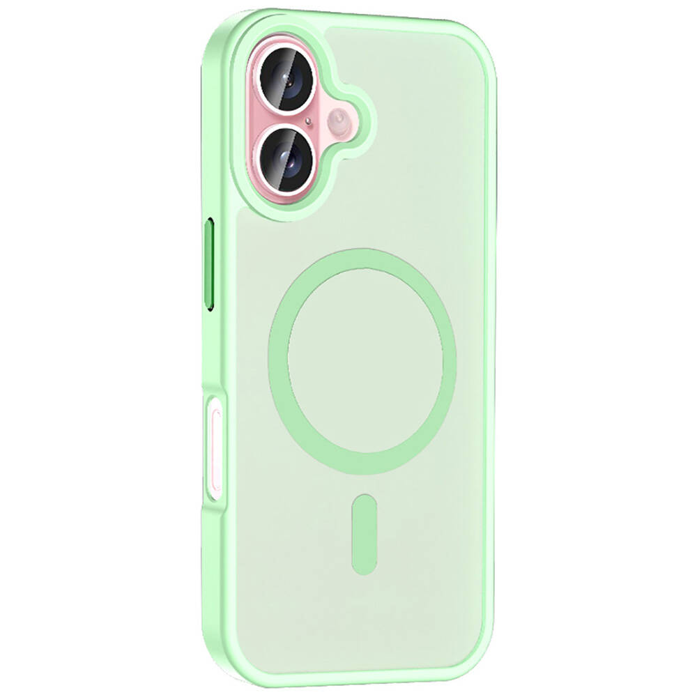 Pembe kamera alanına sahip, açık yeşil bir telefon kılıfı. Kılıfın arkasında dairesel bir tasarım ve küçük bir dikey çizgi var.