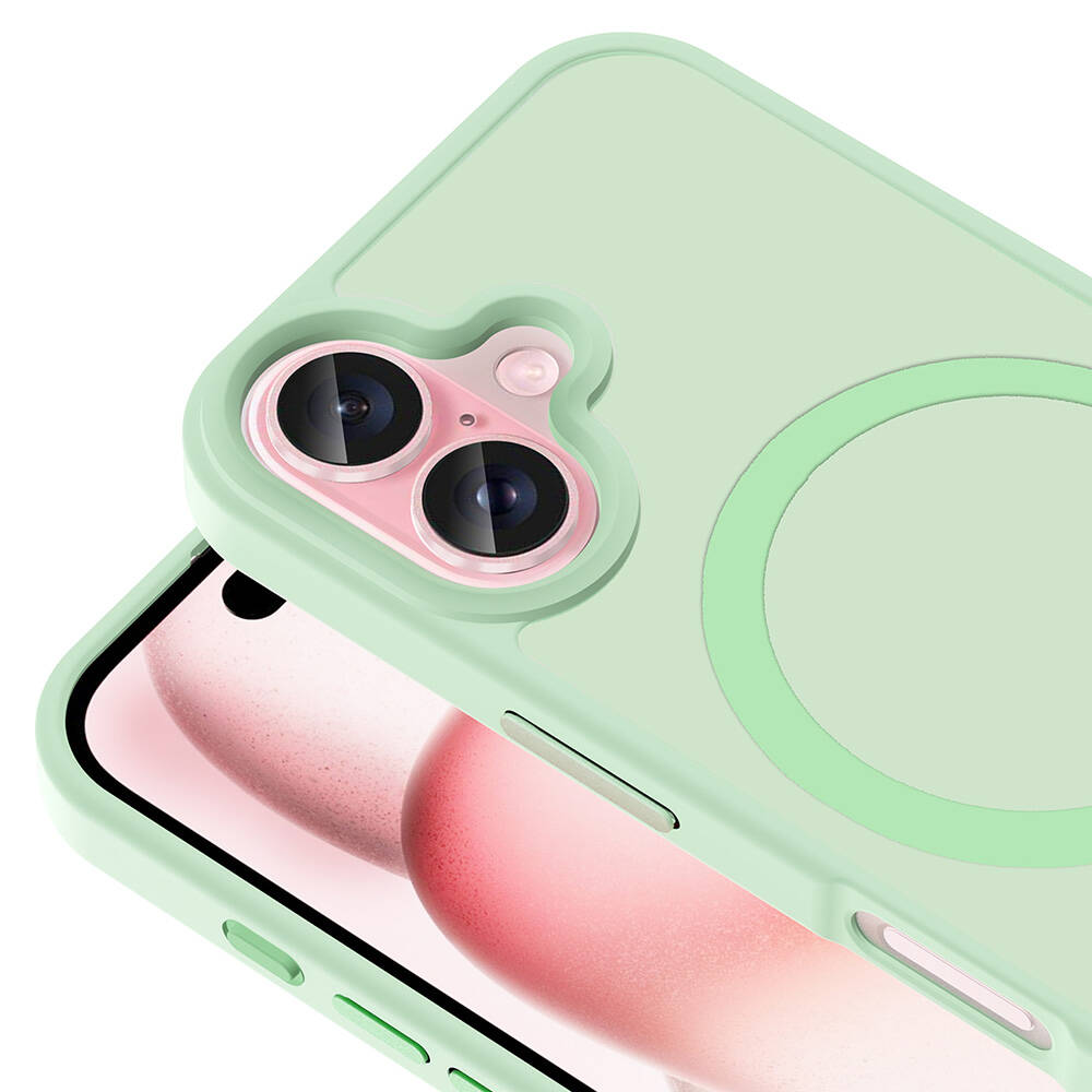 Kamera oyuntusu olan açık yeşil bir telefon kılıfı bir telefonun üzerinde duruyor. Ekran pembe ve beyaz bir görüntü gösteriyor.