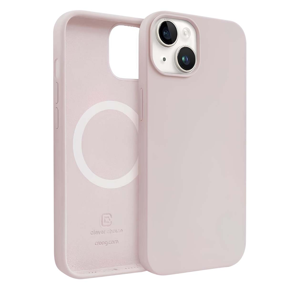 Due custodie rosa per telefono. Una aperta, che mostra i dettagli interni e un cerchio bianco. L'altra chiusa, con lenti della fotocamera visibili.