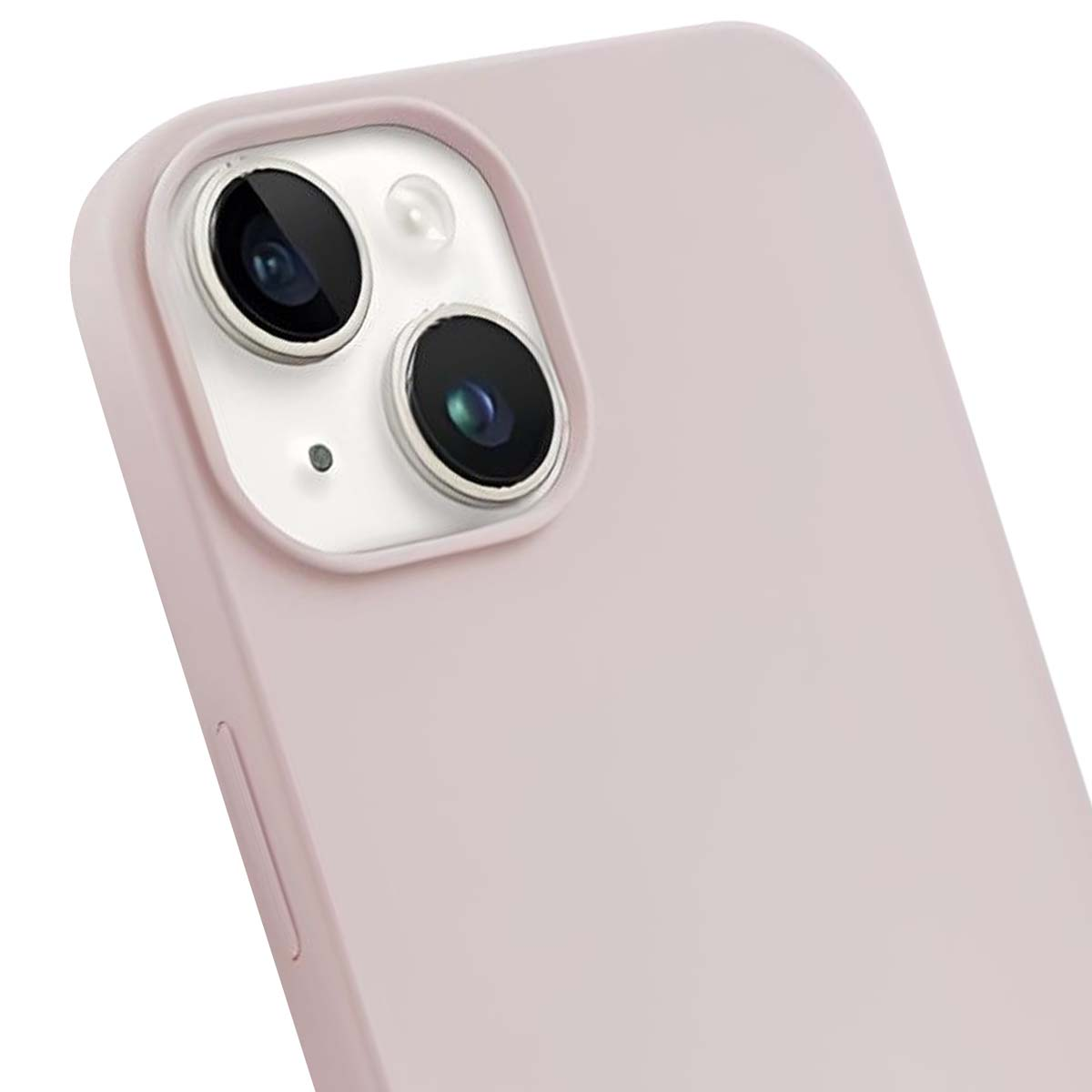 Primo piano di una custodia per telefono rosa chiaro, che mostra gli obiettivi della fotocamera. La custodia ha una superficie liscia con una leggera curva.