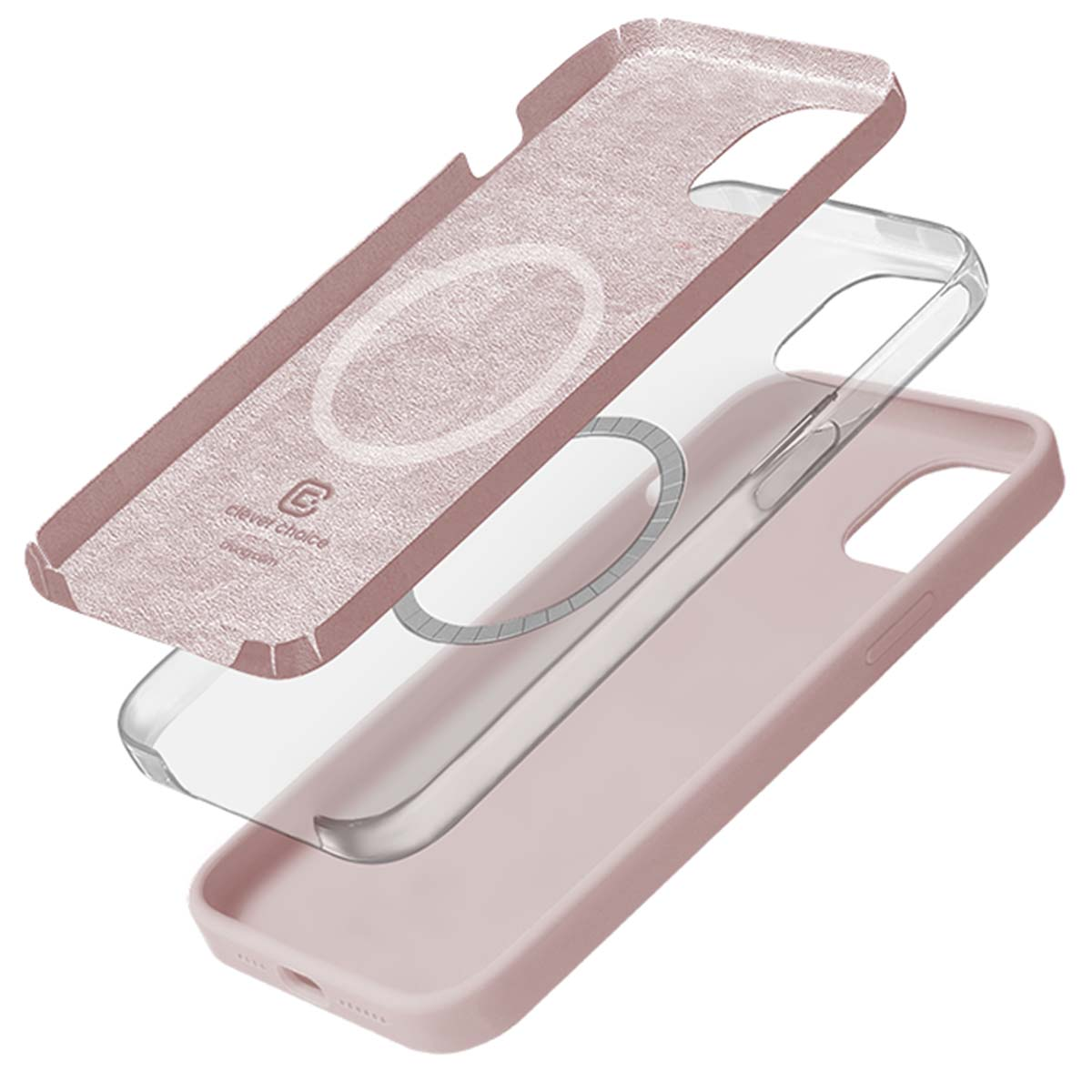 Custodia per telefono a tre strati. Strato superiore rosa, centrale trasparente, inferiore rosa. Parti separate, che mostrano un anello e logo.