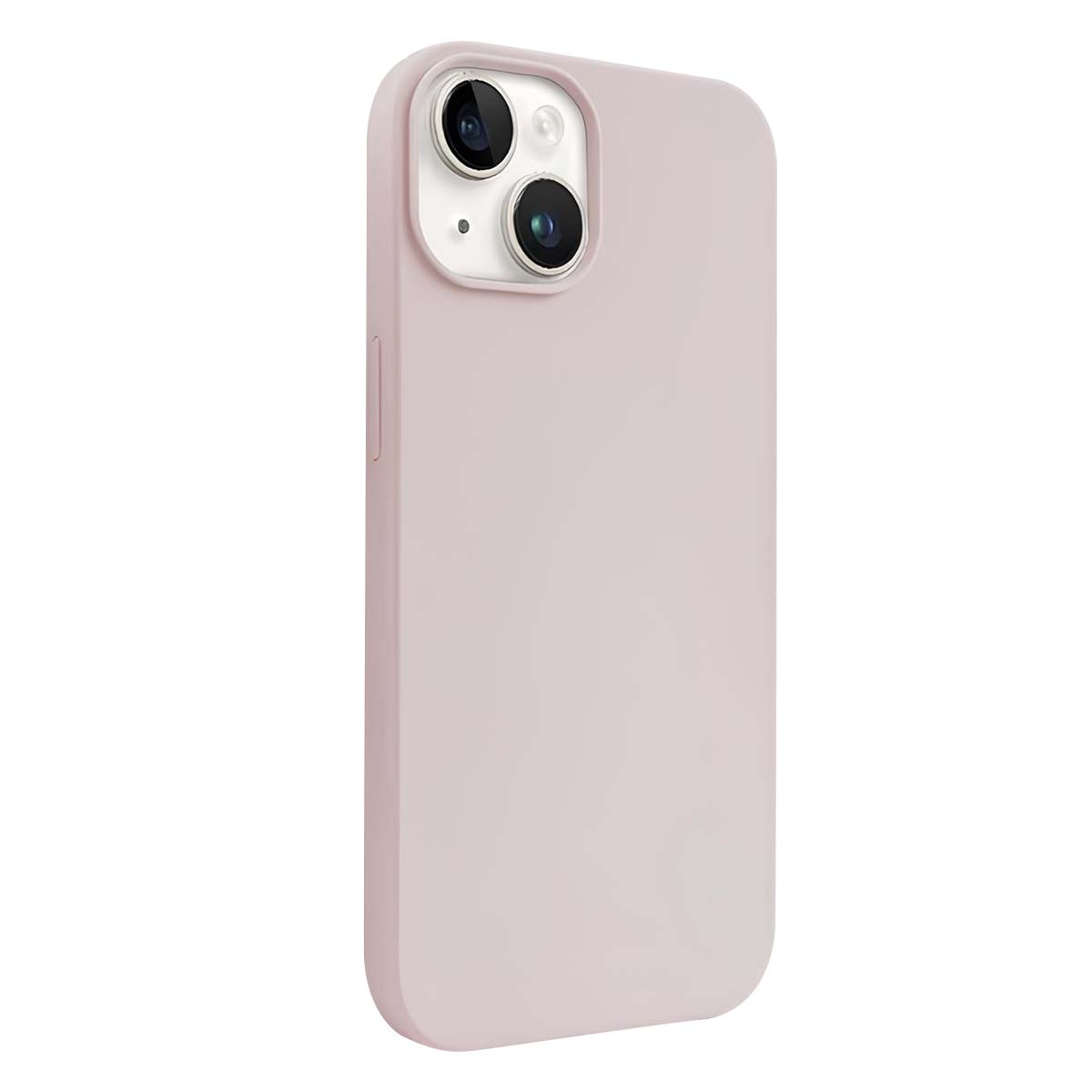 Una custodia per telefono rosa chiaro con un ritaglio per la fotocamera, con due lenti e un flash. La custodia è liscia e con bordi arrotondati.