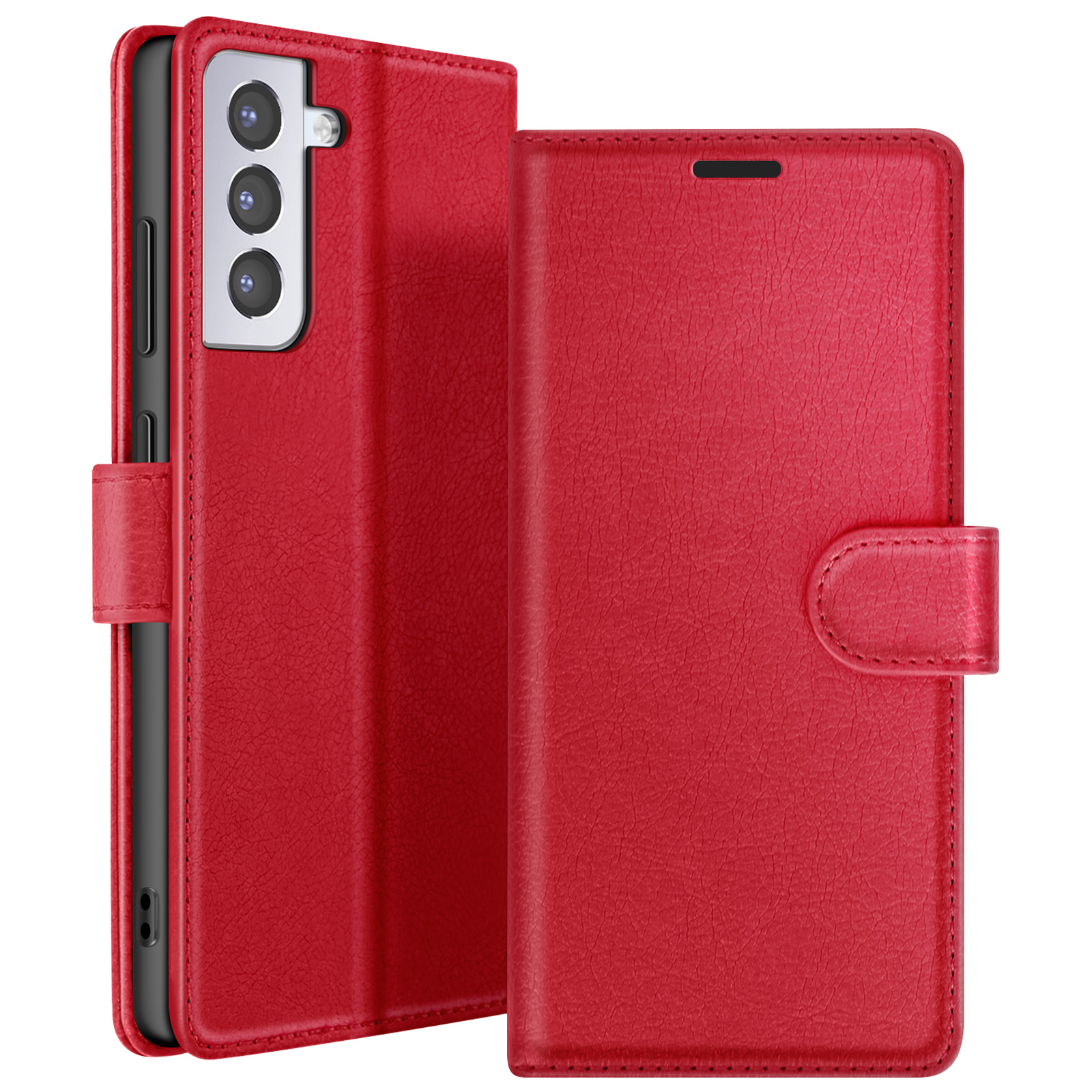 Étui de téléphone en cuir rouge, ouvert à gauche. Le téléphone est visible à gauche, avec trois caméras.