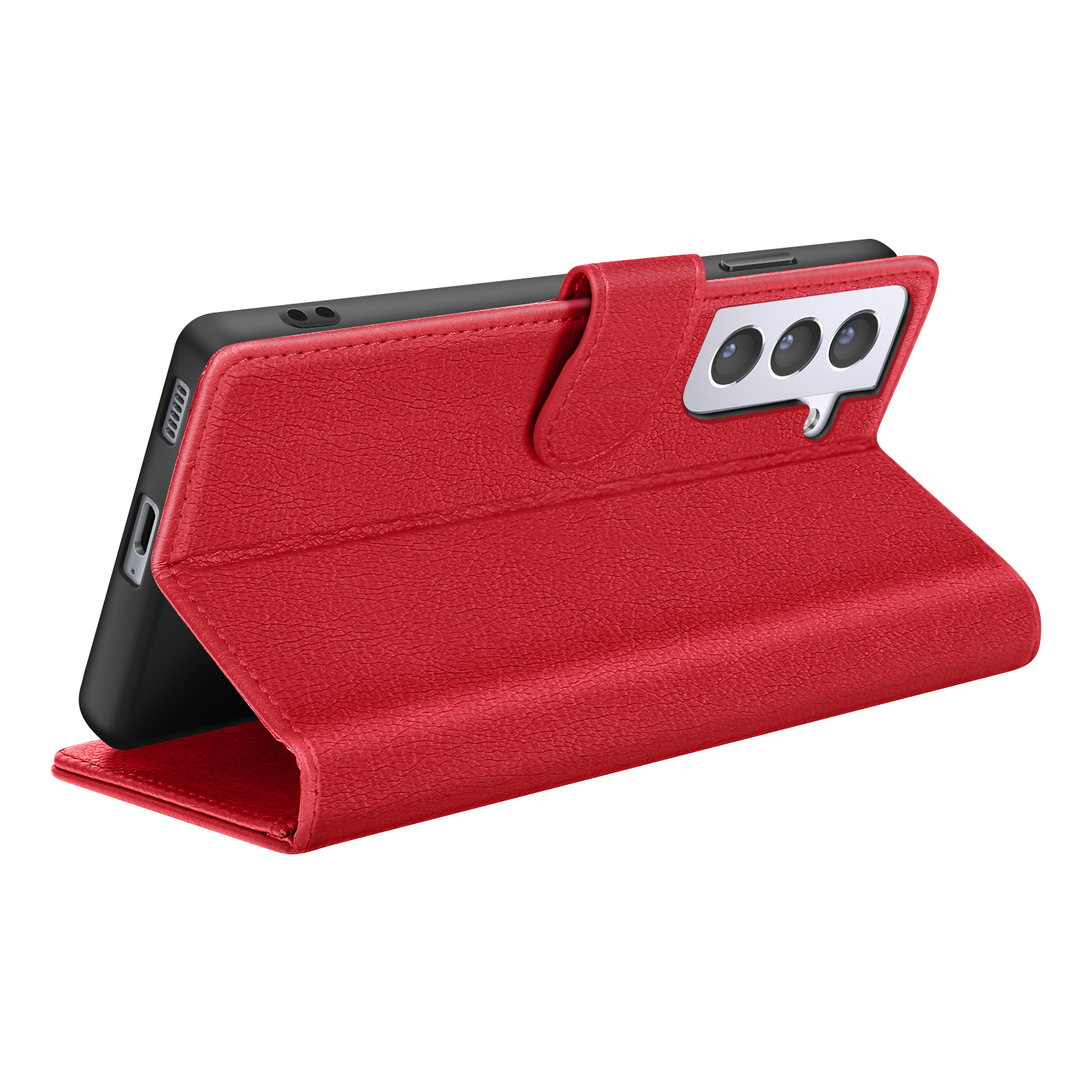 Étui de téléphone rouge ouvert pour afficher un téléphone noir. L'étui a une finition texturée et une fermeture magnétique.