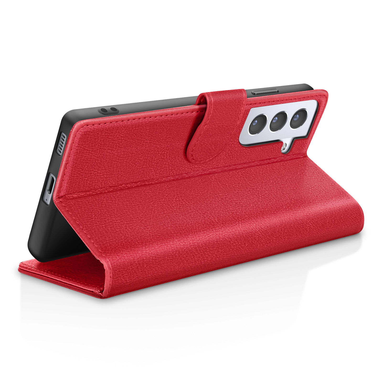 Étui de téléphone en cuir rouge avec téléphone à l'intérieur, debout. L'étui a une finition texturée et une fermeture magnétique.