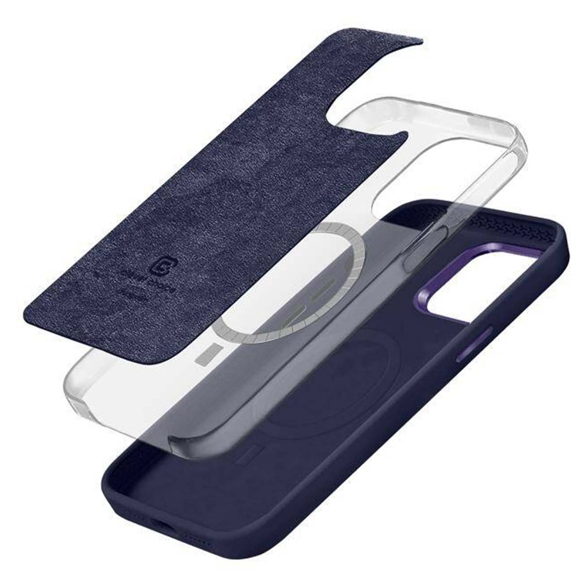 Vista esplosa di una custodia per telefono. Le parti sono una copertura in pelle blu navy, un telaio in plastica trasparente e una custodia blu scuro.