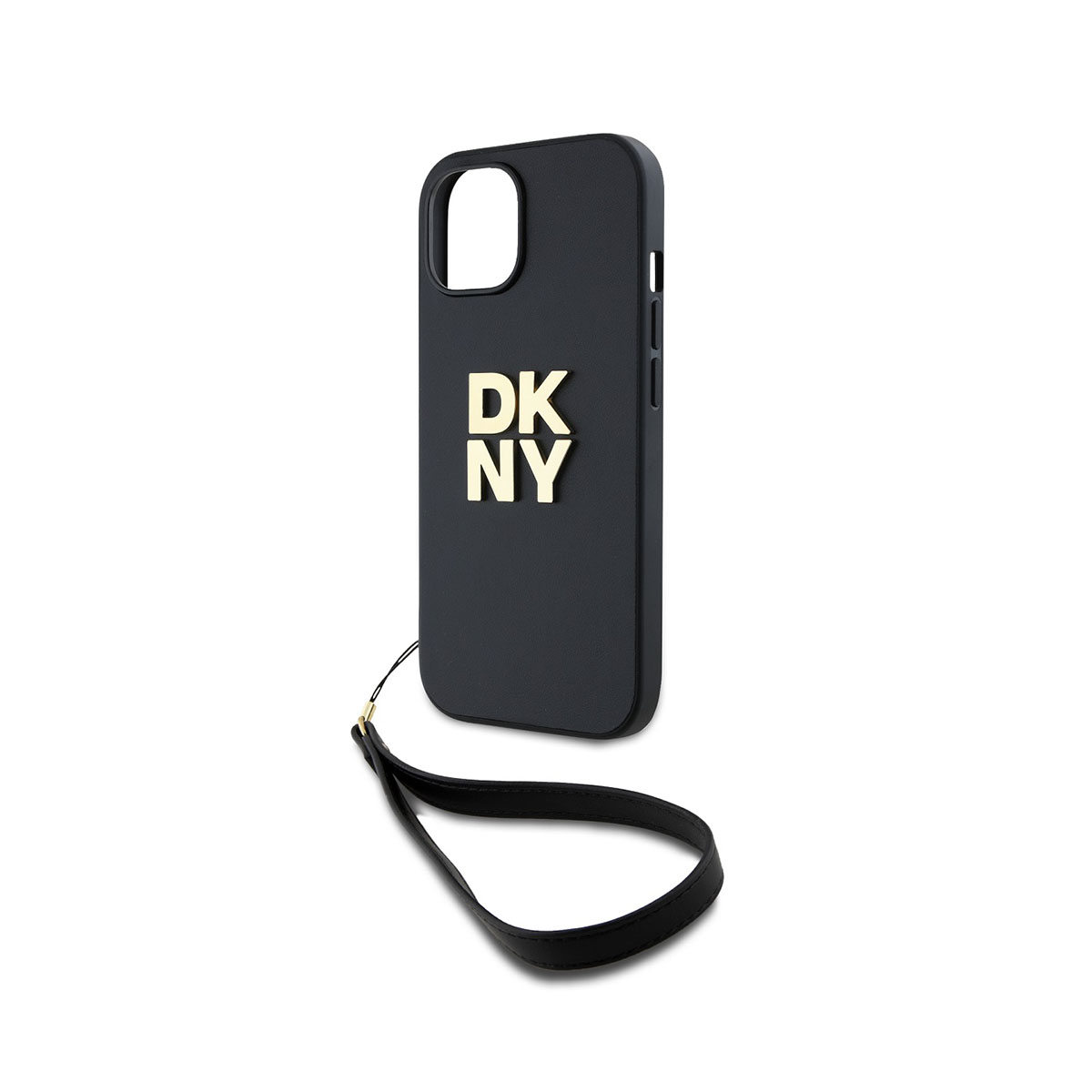 Una custodia per telefono nera con le lettere dorate DKNY. Un cinturino da polso nero è attaccato. Lo sfondo è bianco.