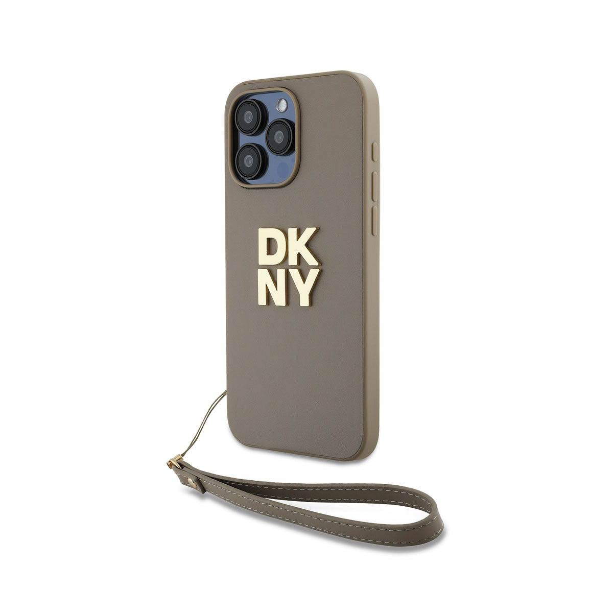 Un telefono in una custodia grigia DKNY con cinturino. La custodia ha lettere dorate e una fotocamera. Il cinturino è grigio.