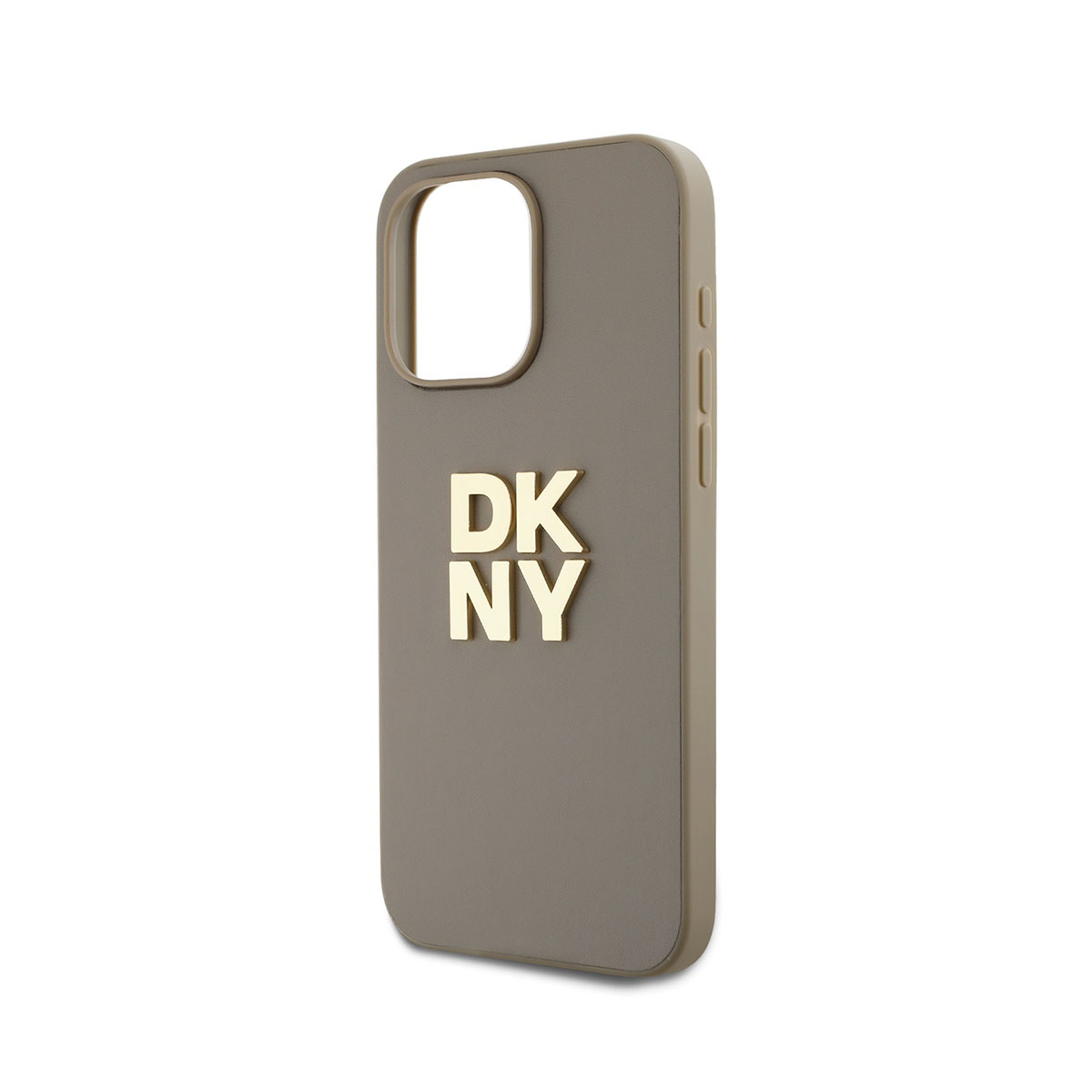 Una custodia grigia per telefono con lettere dorate 'DKNY'. La custodia ha un'apertura per la fotocamera e pulsanti laterali. Sfondo bianco.