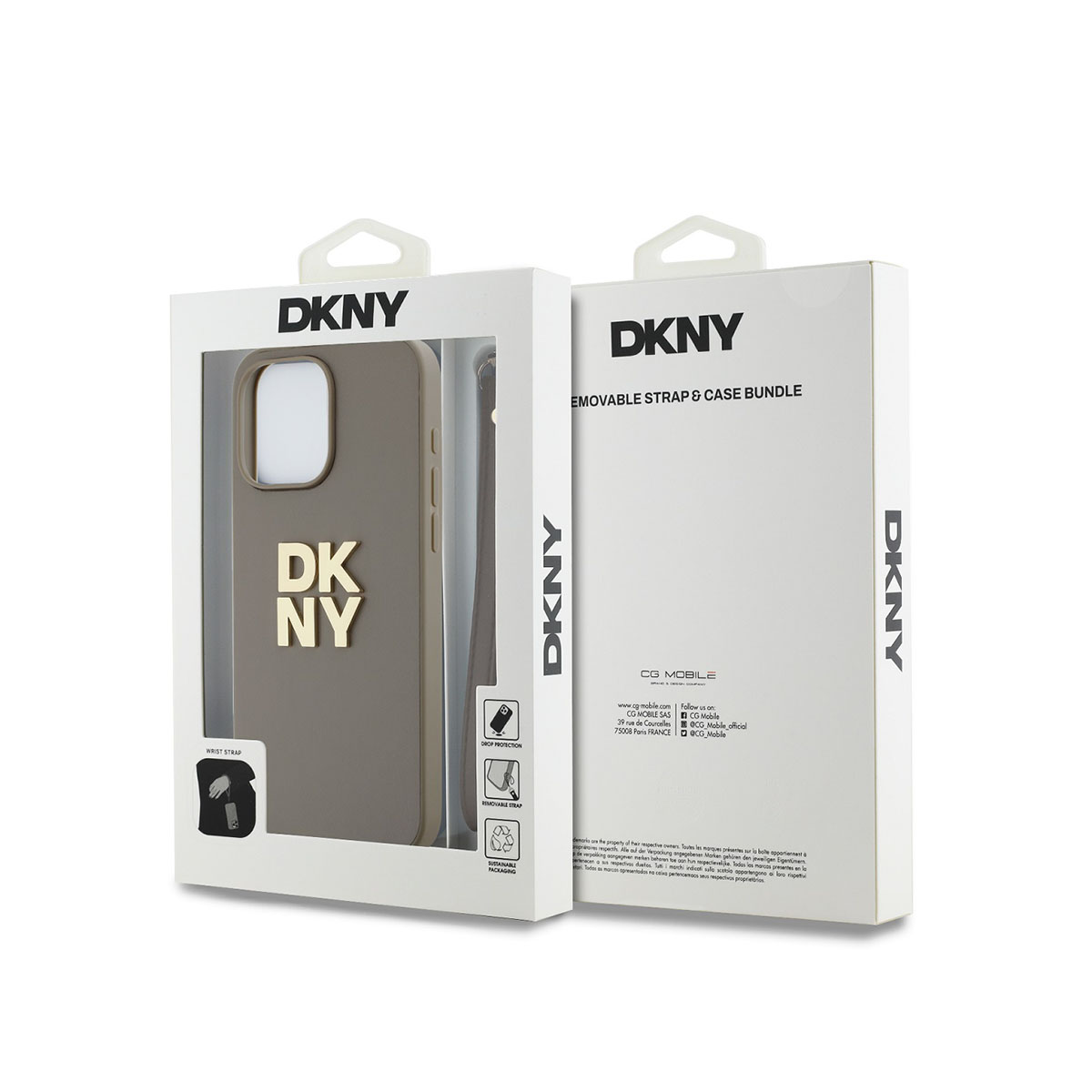 Due scatole di custodie per telefoni DKNY. Una mostra una custodia con 'DKNY' in oro. L'altra mostra custodia e cinturino.