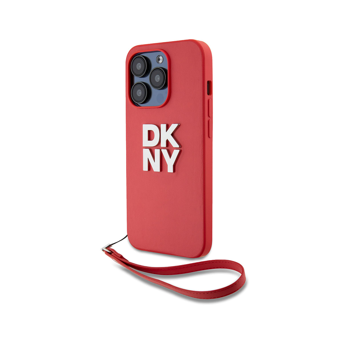 Una custodia rossa per telefono con logo 'DKNY' argentato e cinturino rosso. Il telefono ha tre fotocamere.